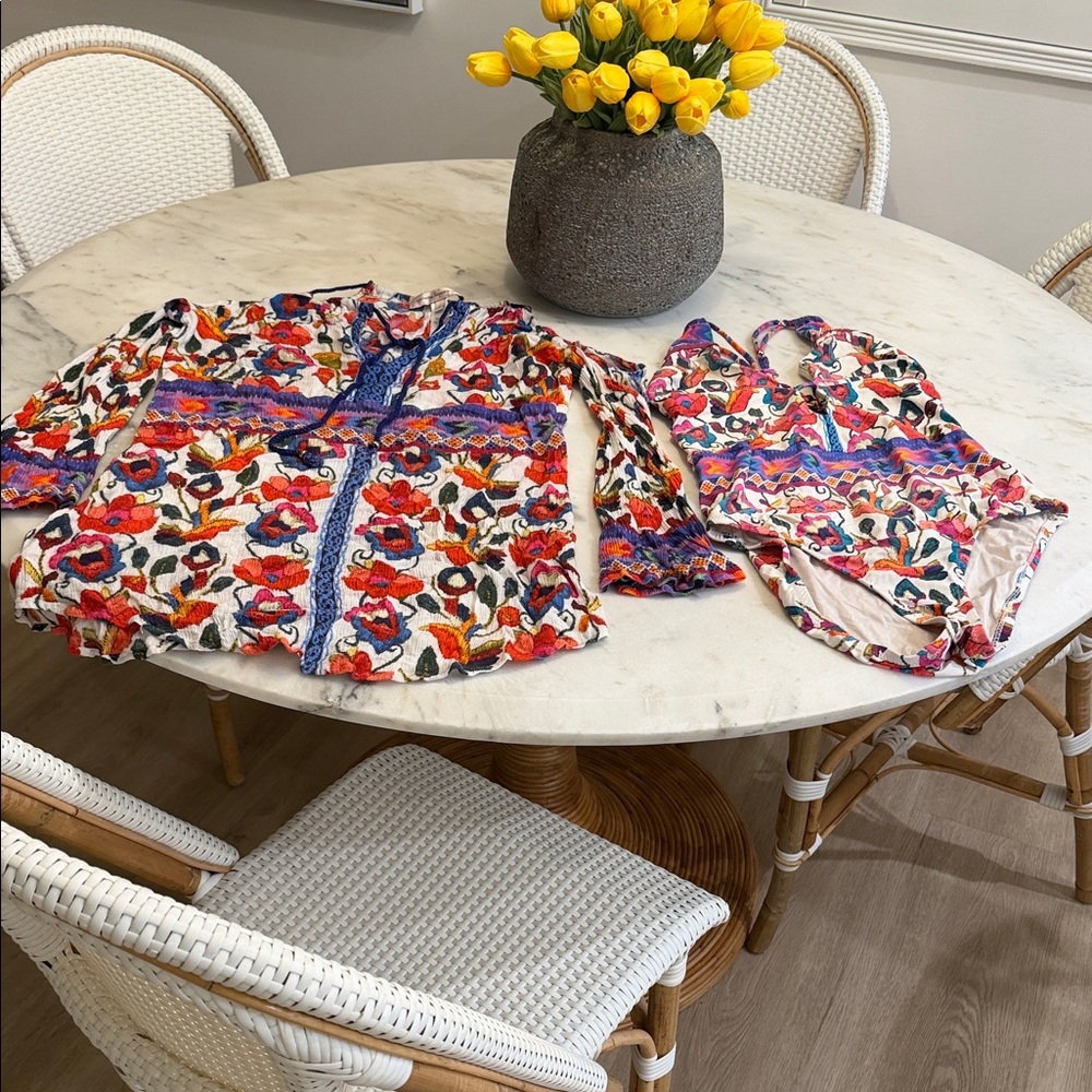 Nanette Lepore Vibrant Floral One Piece Swimsuit - Red and Blue with coverup